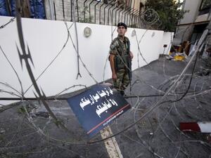 Lebanese soldiers block a road leading to the American embassy in eastern Beirut. (AFP)