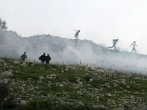فلسطينيون يفرون الغاز المسيل للدموع الذي اطلقه الجيش الاسرائيلي خلال تظاهرة شمال الضفة
