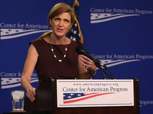 Samantha Power, United States Ambassador to the United Nations, speaks about Syria at the Center for American Progress, September 5, 2013 in Washington, DC. (AFP)
