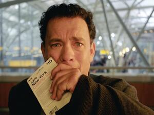 Tom Hanks in movie 'The Terminal' which captures the experience of being stuck 'living' at an airport for longer than
 the usual transit wait...
