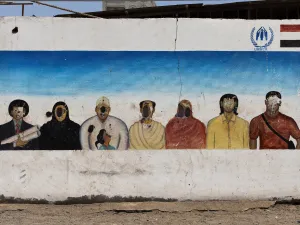 A damaged wall in a refugee camp in Yemen