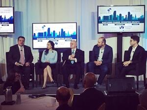 Stavros N Yiannouka, CEO, WISE (left), leads a panel on 21st century skills at the World Strategic Forum in Miami, USA