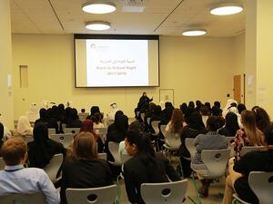 Mrs. Suad Al-Kindi, Director, Qatar Academy Msheireb, addresses parents at QAM’s annual ‘Back to School Night