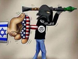 A pamphlet, believed to be from Russia, was dropped onto Syria illustrating Israel and the US-led coalition in charge of a Daesh militant. (Twitter)