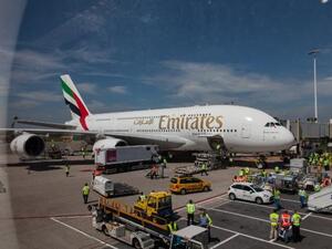 The Emirate A380 taxiing to the gate at Schiphol airport