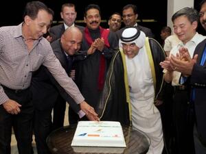 A cake was cut in celebration of flydubai's first flight to Mattala Rajapaksa new airport
