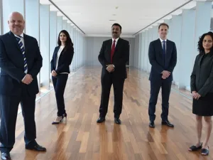 ديريك ماغوير من قسم خدمات المعاملات، وميرنا يونس من قسم إدارة الأصول، وأجيث ماثيو من قسم تكنولوجيا المعلومات، وروس كيمب من قسم التقييم والاستشارات في مكتب أبوظبي، وشيلبا غوروسوامي من قسم إدارة المبيعات.