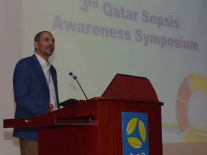 Dr Ahmed Labib, Senior Consultant Intensivist and Anesthetist and HMC Sepsis Program Working Group Chair, Medical Intensive Care Unit at HMC’s Hamad General Hospital speaking at the symposium