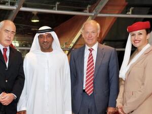 Sheikh Ahmed bin Saeed Al-Maktoum, Chairman and Chief Executive, Emirates Airline & Group and Tim Clark, President of Emirates Airline greet E. Enrique Meyer, Argentina’s Tourism Minister at the Arabian Travel Market 2011