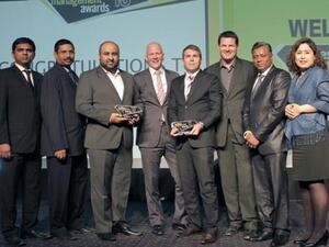 Emrill management team with their awards 'FM Company of the Year' and 'Green Initiative of the Year' at the Facilities Management Middle East Awards held in Dubai
