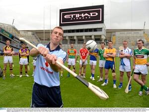 Hurling players take part in a long shot competition at Croke Park to celebrate the opening of the Etihad Skyline attraction at the Dublin stadium