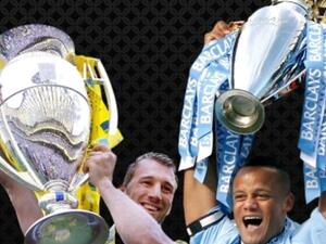 Etihad Airways’ Premiership and Premier League success 2011/12; Chris Robshaw, Captain of Harlequins, with the Aviva Premiership trophy, and Vincent Kompany, Captain of Manchester City, with the Barclays Premier League trophy