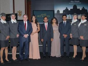 Etihad Chief Executive Officer, James Hogan with Bollywood actress and Etihad Brand ambassador, Katrina Kaif during a cocktail reception held for trade partners and corporate guests at the Imperial Hotel in New Delhi