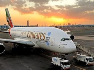 An Emirates' A380 in Dubai, carrying the new Expo 2020 message