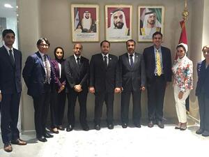 H.E Moez Al Fahim, Charge d’Affaires, UAE Embassy in Japan with Ibrahim Aljanahi, Deputy CEO of Jafza and his team at the UAE Embassy in Tokyo.