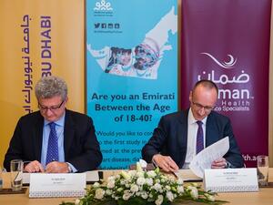 NYU Abu Dhabi and Daman collaborate on broader promotion and support of the UAE Healthy Future Study. (Pictured here: Fabio Piano, NYU Abu Dhabi and Dr. Michael Bitzer, CEO at Daman)