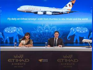 Neerja Bhatia, Etihad Airways Vice President Indian Subcontinent, left, with Peter Baumgartner, Etihad Airways Chief Commercial Officer, addressing today's A380 press conference in Mumbai