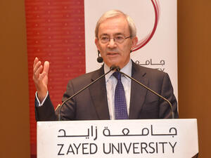 Professor Christopher Pissarides gives a lecture at Zayed University in Abu Dhabi
