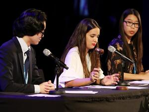 THIMUN student representatives during the opening ceremony of the conference, held at the Qatar National Convention Centre.