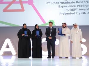 Team representatives for first, second, and third place of QNRF’s UREP competition, along with Dr Abdul Sattar Al-Taie, Executive Director, QNRF,  and Dr Abdulnasser Al-Ansari, Deputy Executive Director, QNRF