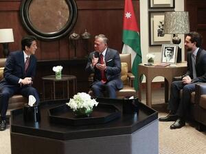 His Majesty King Abdullah holds a meeting with Japanese Prime Minister Shinzo Abe, attended by HRH Crown Prince Hussein, in Amman on Tuesday (Courtesy of Royal Court)