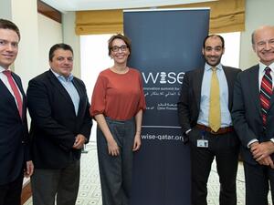  Tomi Alakoski, Executive Director and Co-Founder of Me & My City; Stavros N. Yiannouka, CEO, WISE; Martina Dlabajová, Member of the European Parliament; Rodrigo Ballester, Member of the EU Commissioner’s Cabinet on Education, Culture, Youth, and Sport; and Antonio Garcia del Riego, Managing Director for European Corporate Affairs at Banco Santander
