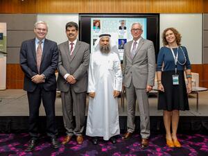 Dr Jonathan Grant, Co-Founder, ISRIA; Dr Abdul Sattar Al-Taie, Executive Director, QNRF; Dr Ibrahim Janahi, Executive Director of Medical Research, HMC; Eric Stenehjem, Executive Director IP & Technology Transfer, QF R&D; Dr Paula Adam, Co-Founder, ISRIA. 