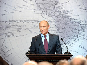 President-elect Vladimir Putin speaks in the Russian Geographical Society in St. Petersburg on April 10, 2012. (AFP/Yana Lapikova)