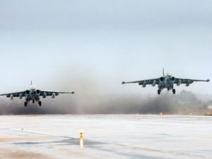 Russian Sukhoi Su-25 ground attack aircraft take off from the Hmeimim military base in Latakia province, Syria on March 16, 2016. (AFP/Vadim Grishankin)