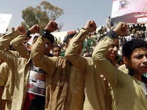 Yemenis gather in a stadium to demonstrate in solidarity with the governorate of Taez, on March 20, 2016, in the Yemeni capital Sanaa. (AFP/Mohammed Huwais)