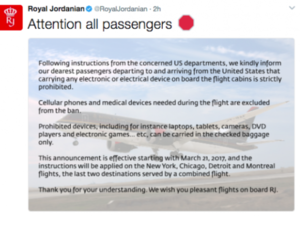 The announcement concerning the ban on electricals was first released through a tweet posted by Royal Jordanian Airlines. (Twitter)