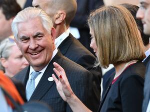 US Secretary of State Rex Tillerson (L) speaks with High Representative for Foreign Affairs and Security Policy Federica Mogherini during a meeting of Foreign Affairs Ministers from the G7 on April 10, 2017 in Lucca, Tuscany. (AFP/Vincenzo Pinto)