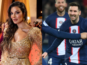 Nadine Nassib Njeima receives a gift from Messi