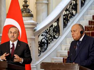 وزير الخارجية التركي مولود تشاوش أوغلو (يسار) خلال مؤتمر صحفي مع نظيره المصري سامح شكري في القاهرة السبت