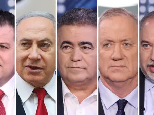 من اليمين: افيغدور ليبرمان وعمير بيريتس وبيني غانتس وبنيامين نتانياهو وأيمن عودة