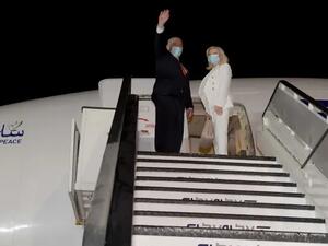 نتانياهو وزوجته سارة لدى مغادرتهما الى واشنطن قبيل توقيع اتفاقيتي التطبيع مع الامارات والبحرين