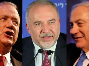 صورة مركبة لليبرمان متوسطا نتانياهو (يمين) وبيني غانتس