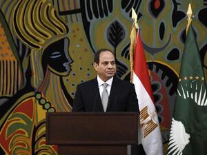 Egypt's President and current Chairperson of the African Union, Abdel Fattah al-Sisi, takes part in a joint press conference with Senegalese President at the Presidential Palace in Dakar for an official visit on April 12, 2019.  SEYLLOU / AFP