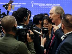 United Nations' Special Envoy for Syria Geir Pedersen (2ndR) addresses media after peace talks on Syria in Nur-Sultan, Kazakhstan  (AFP)