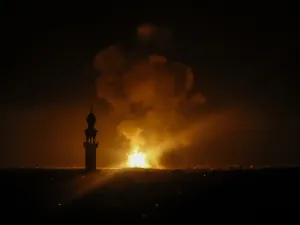 A picture taken in Rafah in the southern Gaza Strip, on May 5, 2019 shows an explosion following an airstrike by Israel. Gaza militants fired a barrage of rockets at Israel, who responded with airstrikes, officials said, as a fragile ceasefire again faltered. SAID KHATIB / AFP