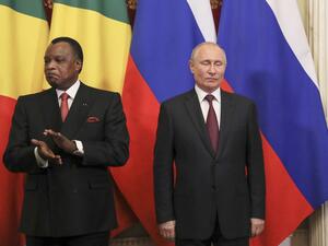 Russia's President Vladimir Putin (R) and Congolese President Denis Sassou Nguesso attend a signing ceremony following their talks at the Kremlin in Moscow on May 23, 2019.  EVGENIA NOVOZHENINA / POOL / AFP
