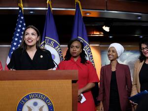 U.S. Rep. Alexandria Ocasio-Cortez (D-NY) speaks as Reps. Ayanna Pressley (D-MA), Ilhan Omar (D-MN), and Rashida Tlaib (D-MI) listen during a press conference at the U.S. Capito (AFP)
