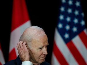 US President Joe Biden pauses during a joint press conference with Canada's Prime Minister Justin Trudeau, not pictured, at the Sir John A. Macdonald Building in Ottawa, Canada, on March 24, 2023. (Photo by ANDREJ IVANOV / AFP) ALBAWABA - U.S. President Joe Biden said he does not seek a conflict with Iran, but warned that Washington will "act forcefully" to protect Americans.