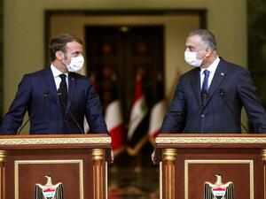 PM Mustafa al-Kadhimi with French President Emmanuel Macron, Baghdad, Sept 2nd /AFP