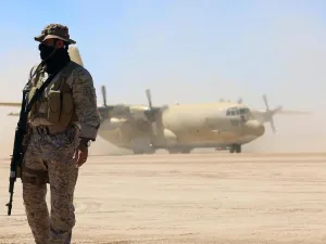 A Saudi air force cargo plane lands at an airfield in Yemen's central province of Marib, on February 8, 2018 /AFP