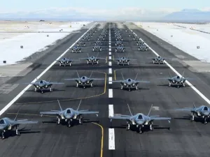 52 F-35 jets line up for a launch exercise at Utah's Hill Air Force Base in show of force and combat readiness amid US-Iran tensions, January 6, 2020. (US Air Force/R. Nial Bradshaw/Twitter screen capture)