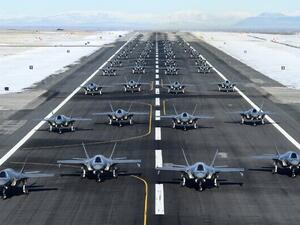 52 F-35 jets line up for a launch exercise at Utah's Hill Air Force Base in show of force and combat readiness amid US-Iran tensions, January 6, 2020. (US Air Force/R. Nial Bradshaw/Twitter screen capture)