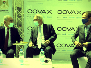 Palestinian Prime minister Mohammad Shtayyeh receiving Corvax vaccines