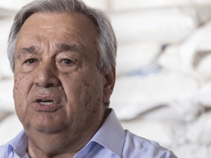 Antonio Guterres, the United Nations Secretary General, speaks during a press conference at the World Food Program Wharehouse, on July 12, 2019 in Beira, as part of Guterres' visit to assess recovery efforts from two cyclones earlier this year in Mozambique. 