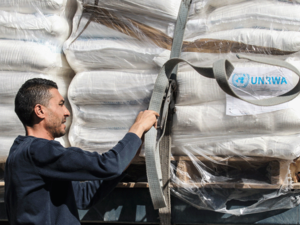 A Palestinian worker checks a truck carrying United Nations Relief and Work Agency (UNRWA) aid supplies that arrived through the Kerem Shalom crossing in the southern Gaza Strip city of Rafah on May 12, 2019. Israel reopened its crossings with the blockaded Gaza Strip after closing them during a deadly escalation earlier this month, an official said, as a fragile truce held.